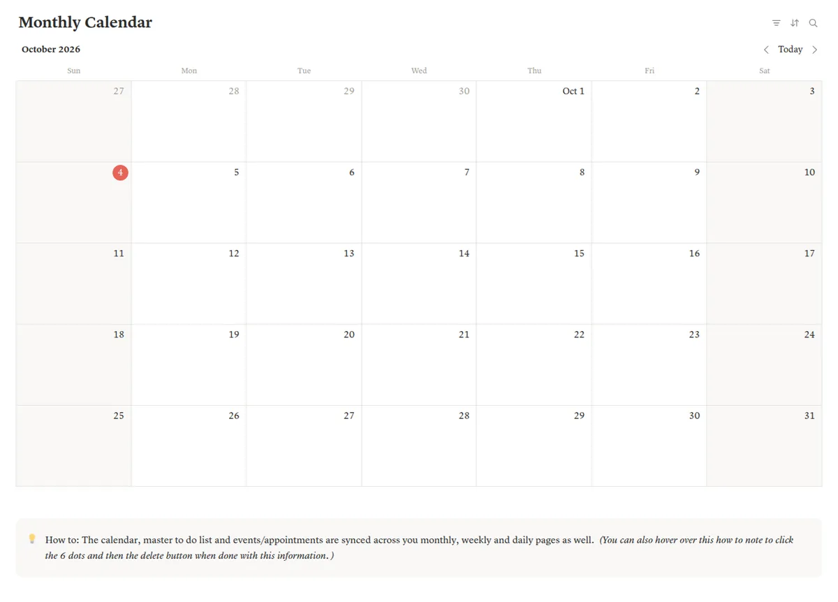 Monthly calendar in Notion Life OS with the template's note that the calendar, to-do list and events sync across the daily, weekly and monthly pages