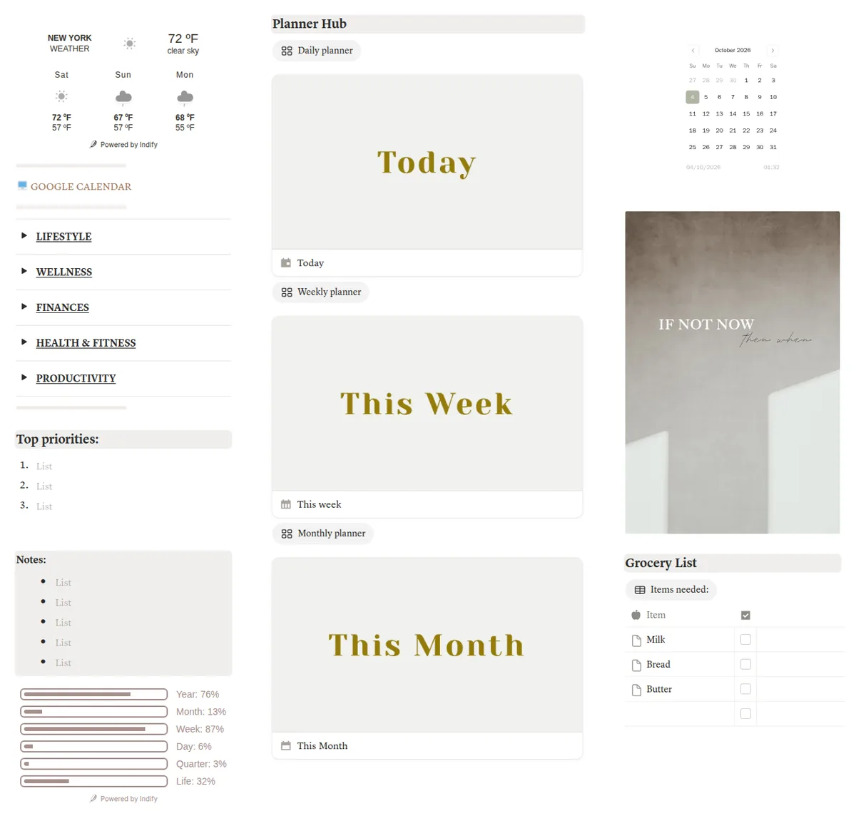 Planner Hub in Notion Life OS: daily, weekly and monthly planner pages beside the dashboard's priorities and notes (sample data)