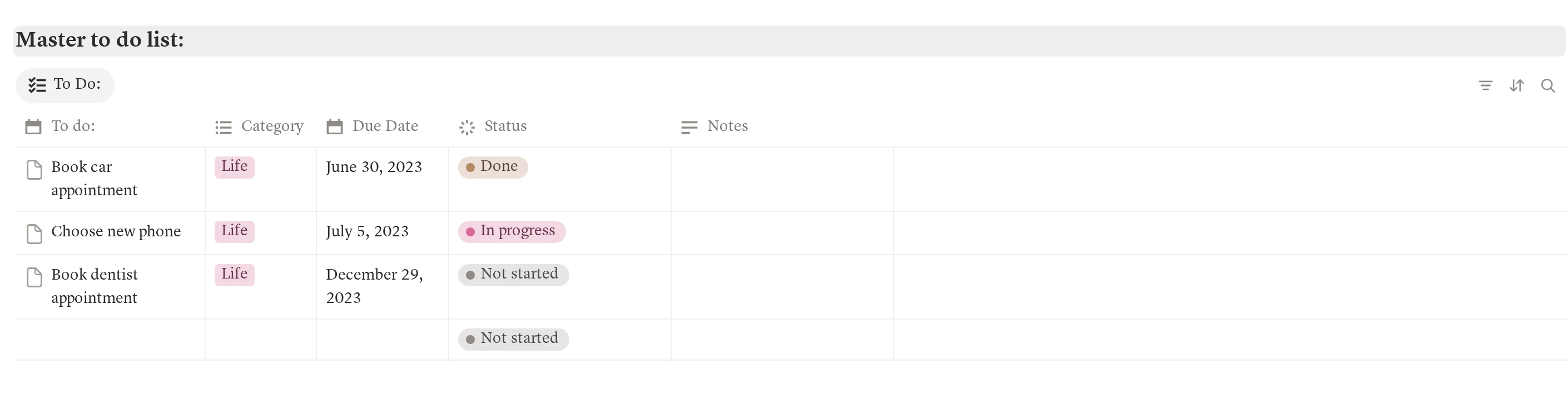 A real Notion Life OS master to-do list with task and status fields