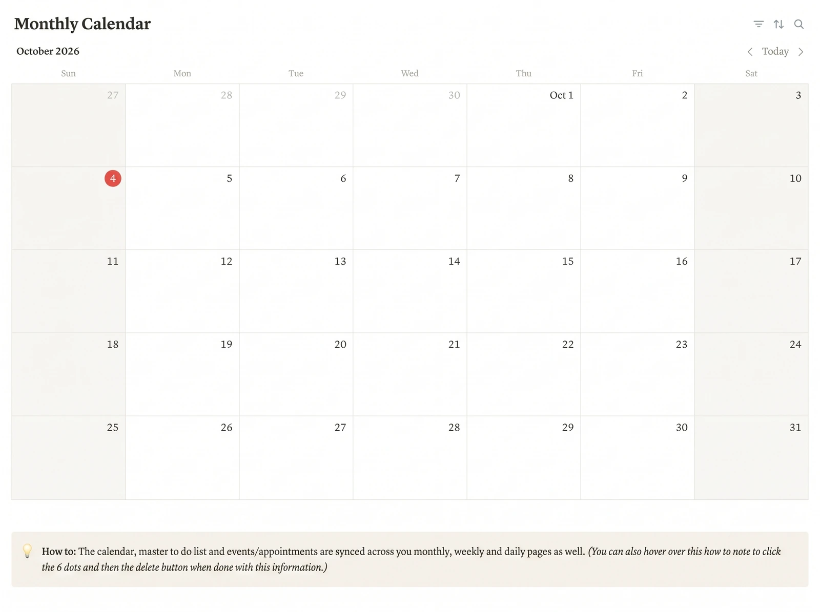 Where Notion Life OS Fits: the monthly calendar with the to-do list and events (sample data)