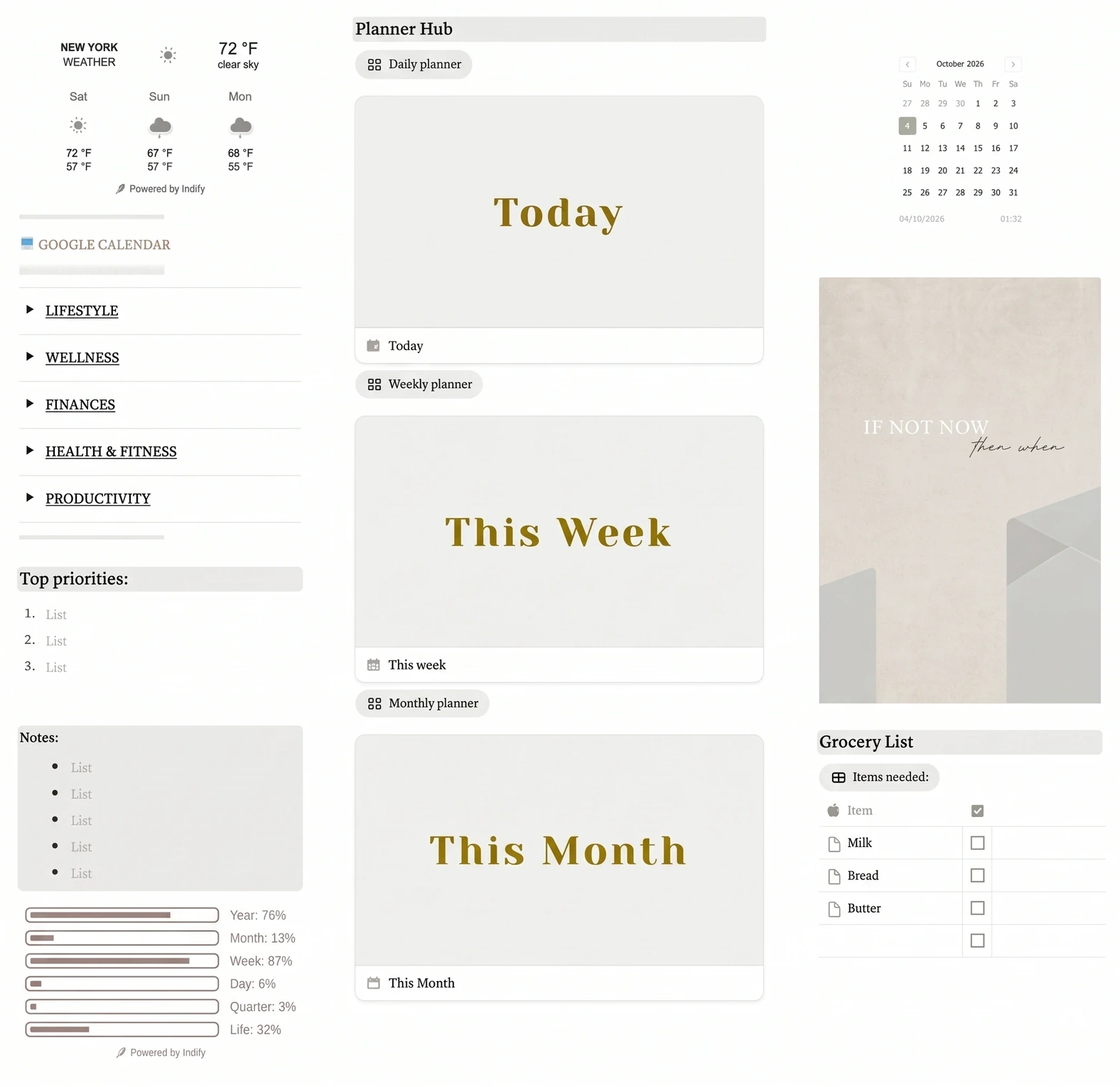 Productivity Systems at a Glance: Notion Life OS planner pages for daily, weekly and monthly use (sample data)
