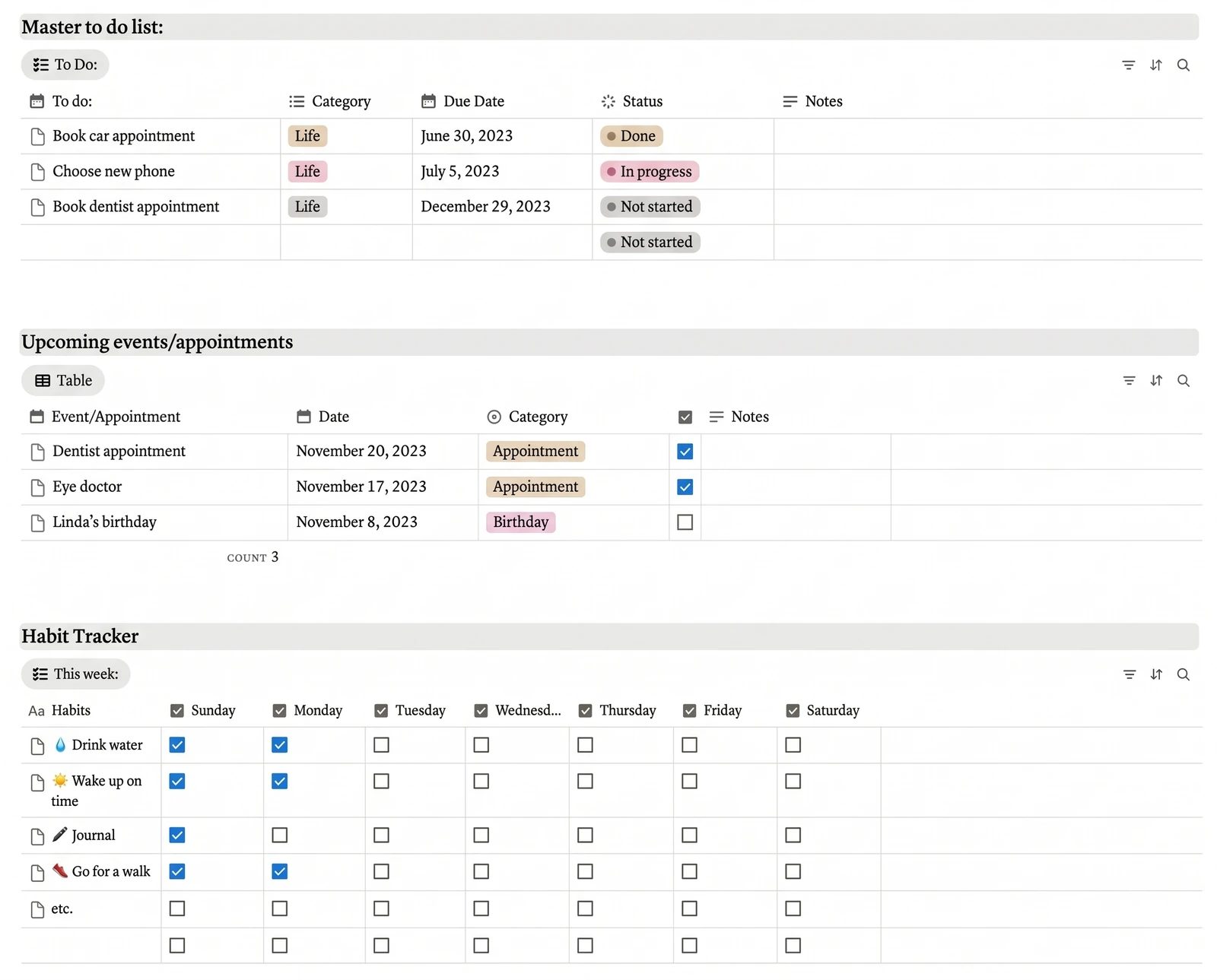 Step 3: the master to-do list and weekly habit tracker in Notion Life OS (sample data)