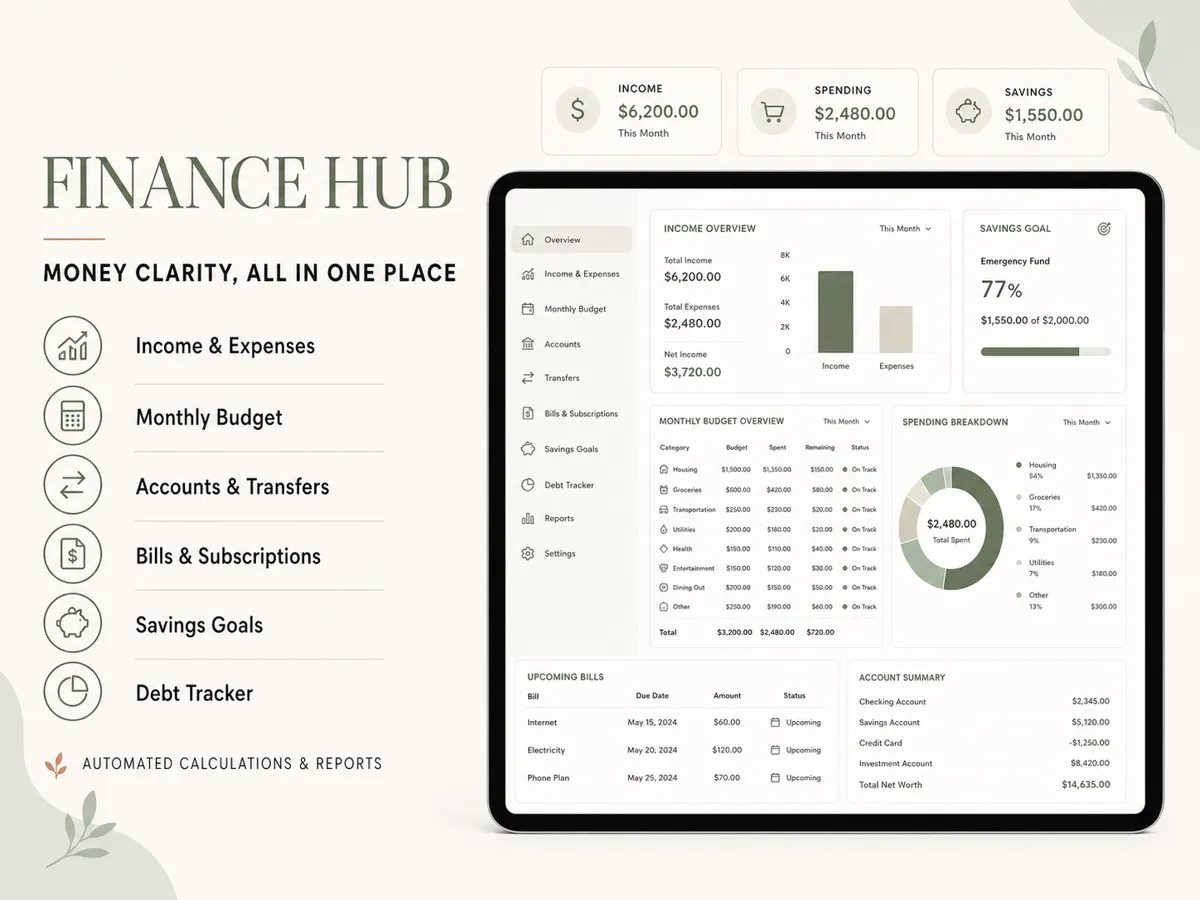 Finance hub: income, spending, budget by category and savings goal (sample data)