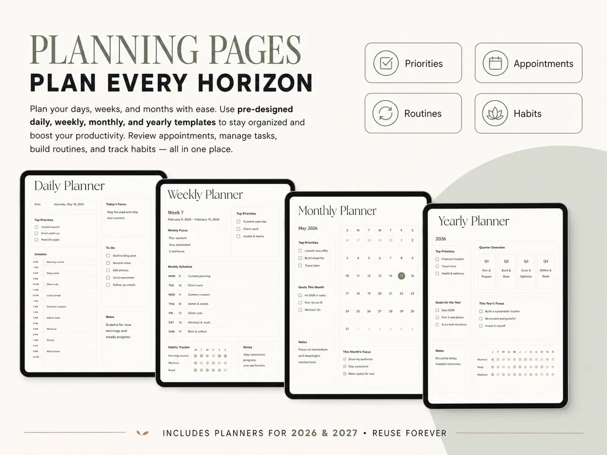 Yearly planner: top priorities, quarter overview and goals for the year (sample data)